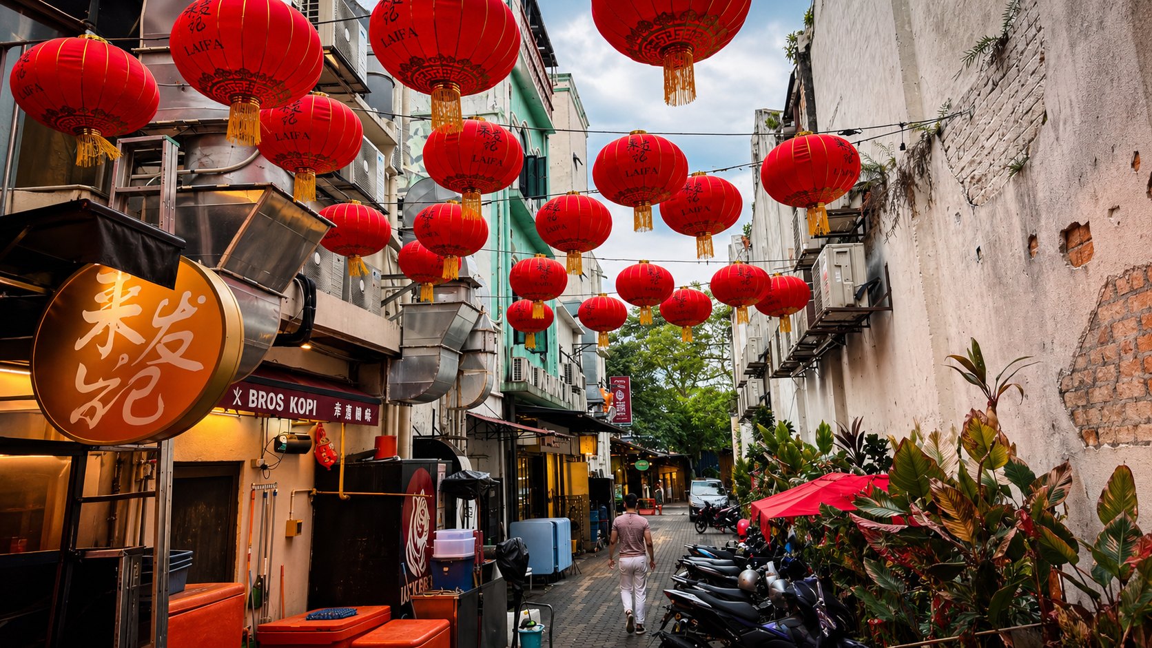 Red lanterns hanging over Asian street market