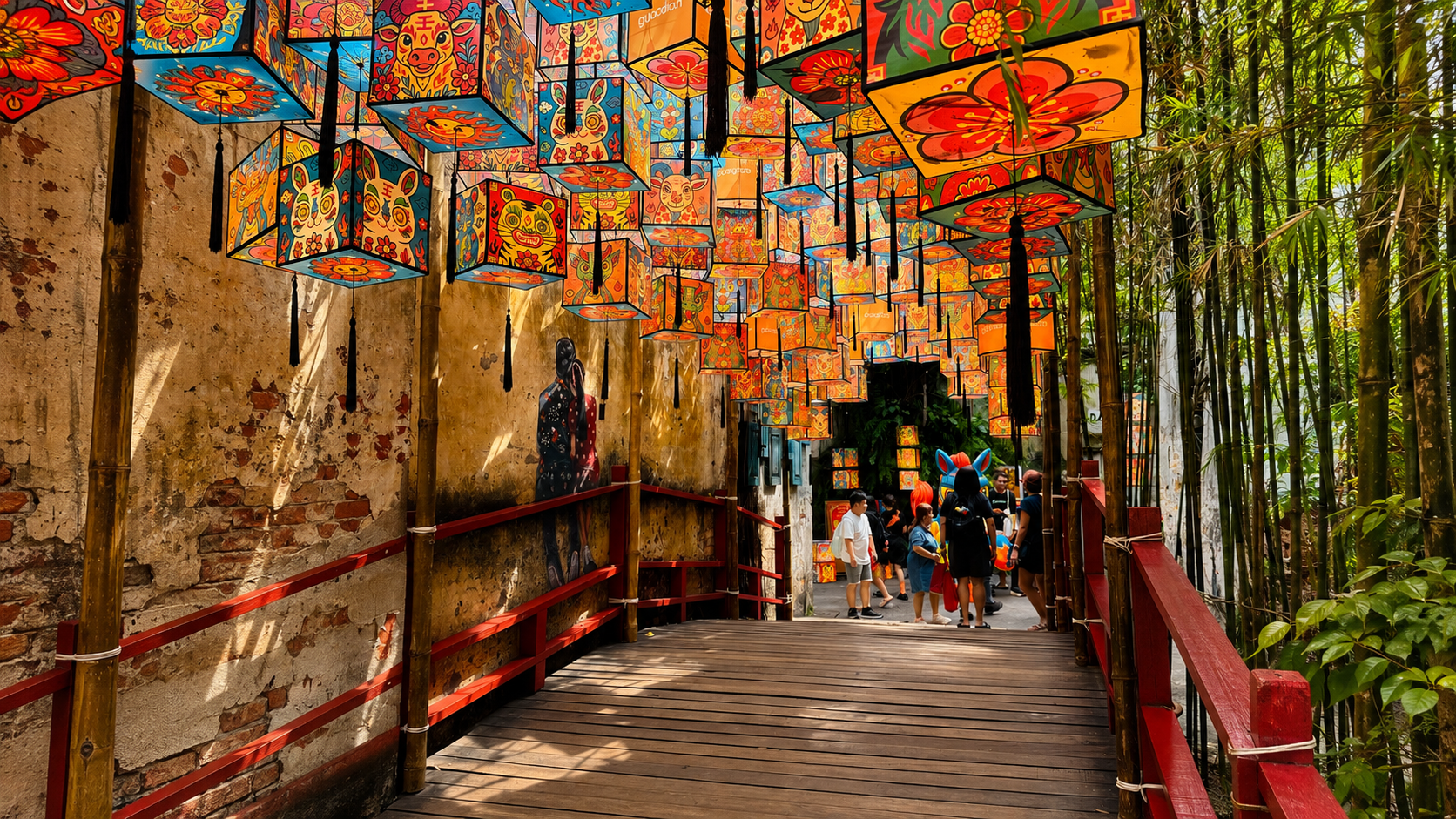 Colourful lanterns hanging over wooden bridge